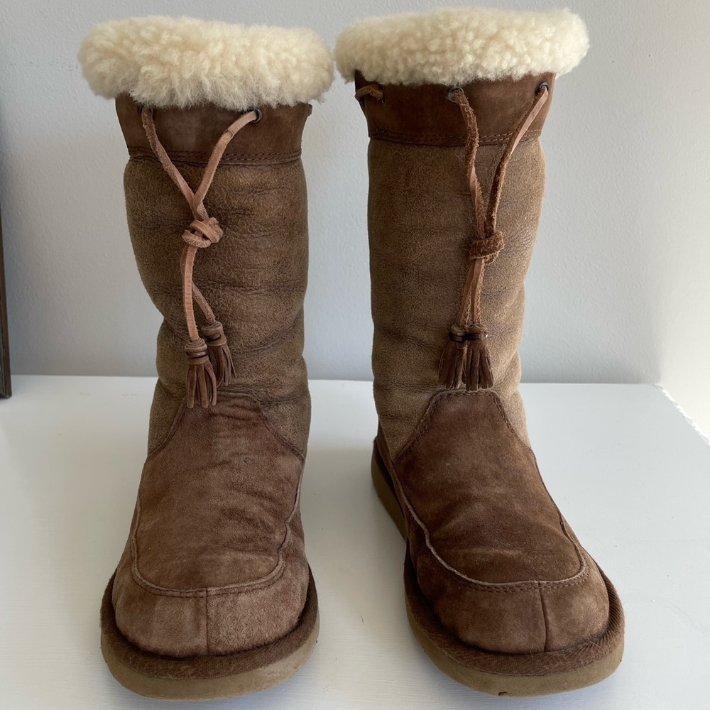 UGG Suede & Shearling Suburb Mid Calf Brown Boots with Tie & Tassels, Women’s 6 - Picture 2 of 9